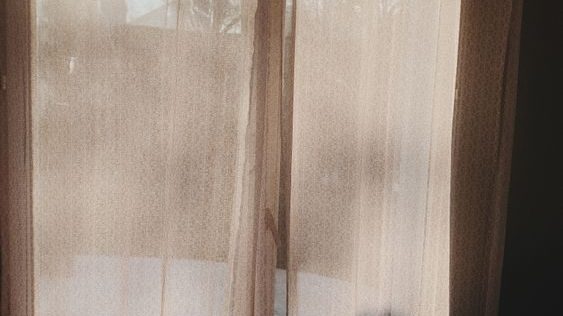 Sheer curtains over a glass door in warm sunlight